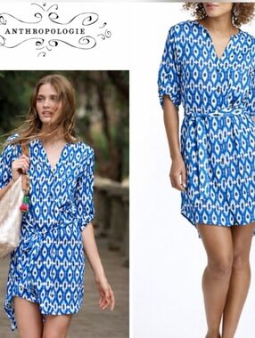 Maeve Blue and White Ikat Tie-Waist Shirt Dress
